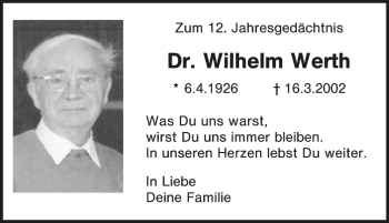 Traueranzeige von Wilhelm Werth von Tageszeitung